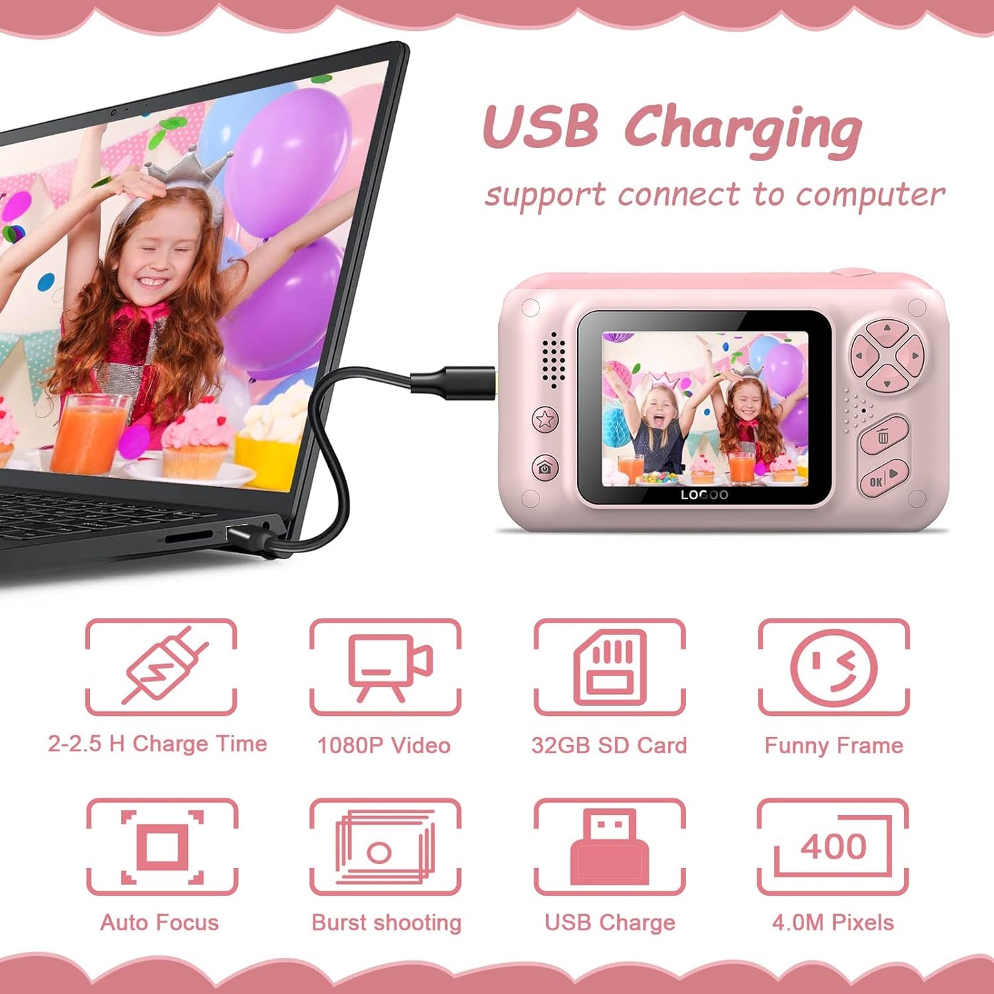 Kids Camera, Children Digital Selfie Camera For 3-12 Year Old Girls Boys With 20MP Photo Resolution, 1080P HD Video Camera With 32GB SD Card And Selfie Stick